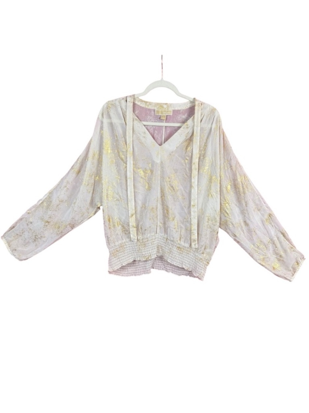 Michael Kors Women's Size L Blouse Top Long Sleeve Gold Solid Polyester V-Neck